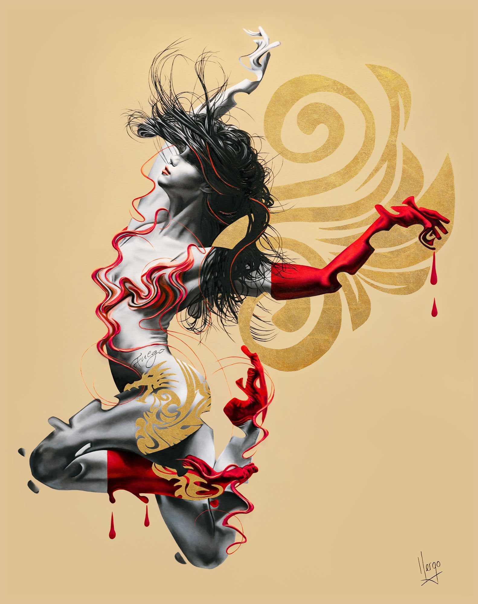 アート・デザイン・音楽 HAMADA & ARTIGAS The colours of fire Fuego- figurative painting of a woman, fire element with dragon