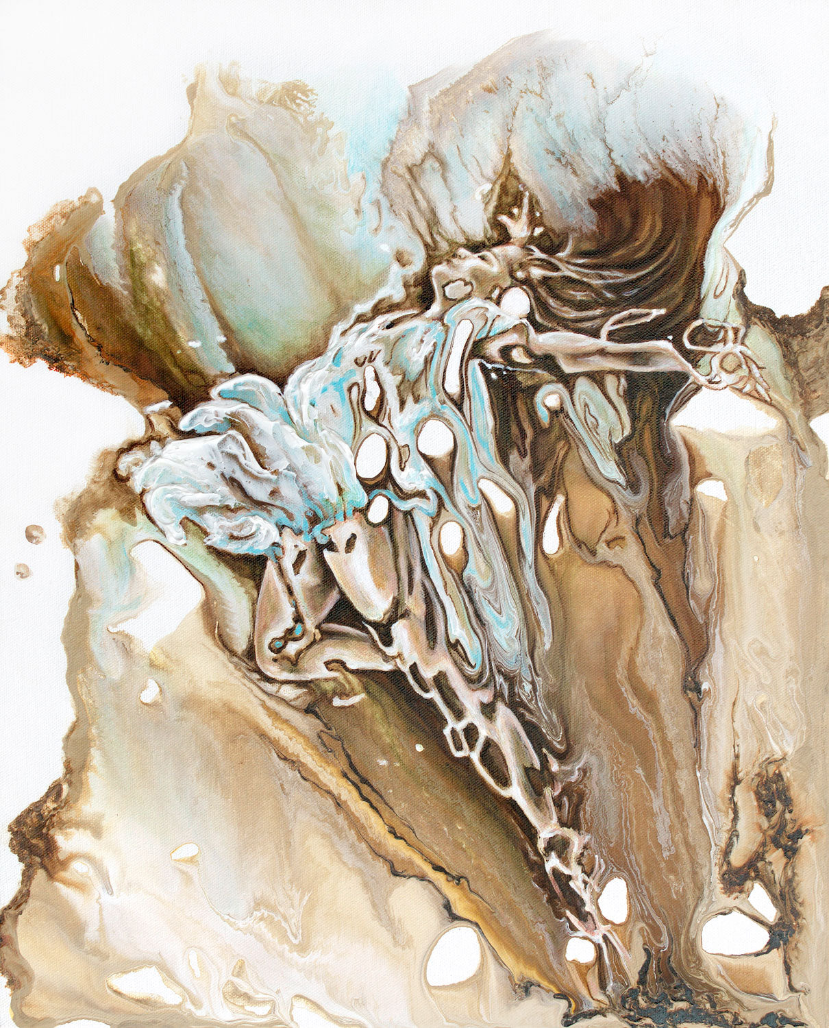 "Give" painting of a woman dancer floating or underwater with blue dress and drippings embellished