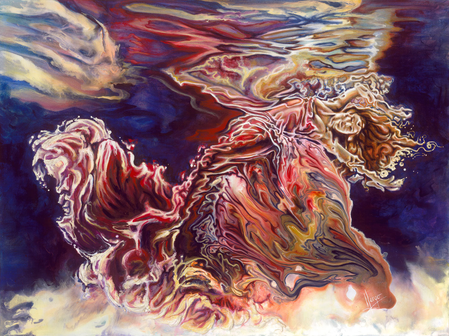 "Heart Open" abstract figurative painting of a woman underwater painting in red and blue