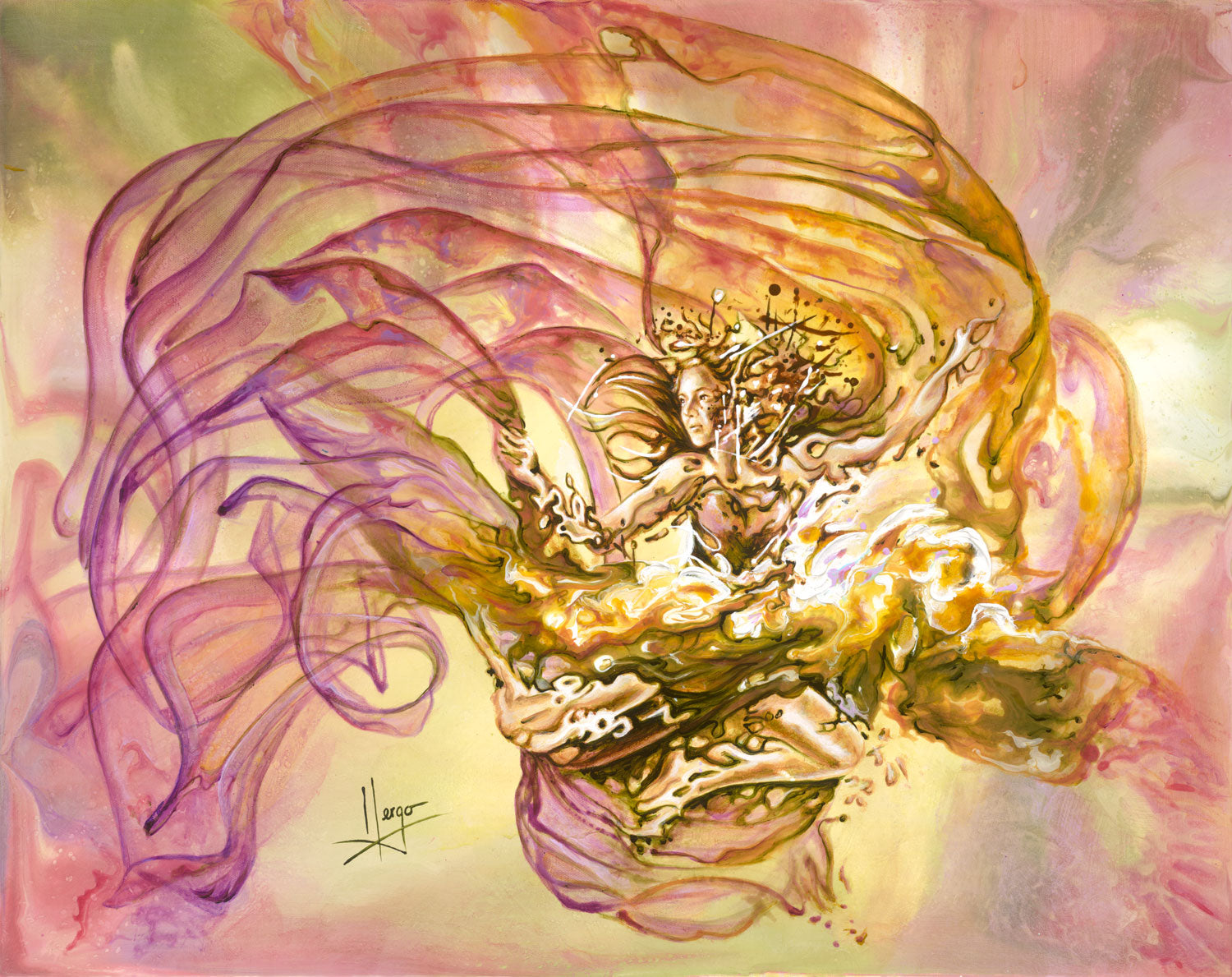 "Hope" woman dancer underwater in violet, ochre, and green colorful abstract and figurative painting