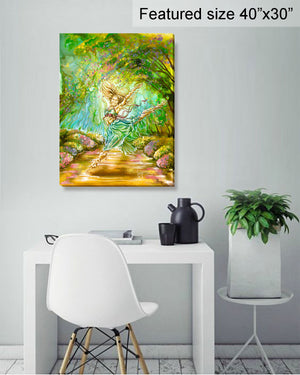 "Joy" colorful painting of a woman dancing in a Spring landscape room view