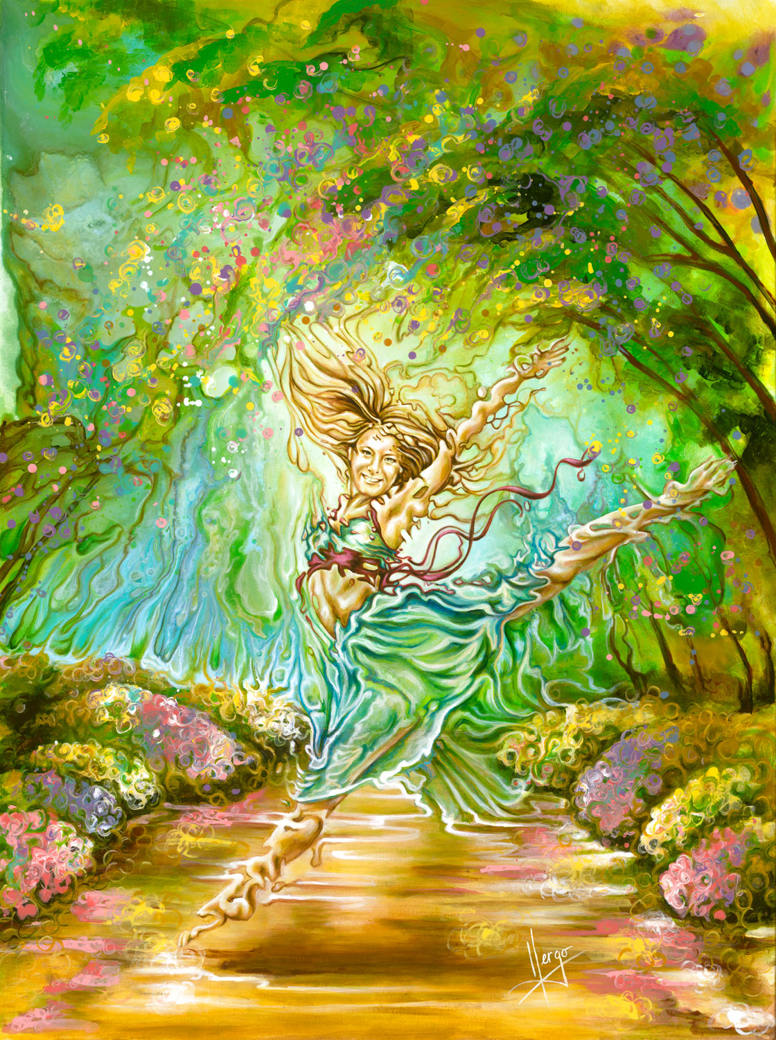 "Joy" colorful painting of a woman dancing in a Spring landscape