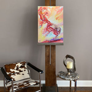 "live forward" woman dancer with red veil colorful painting room view