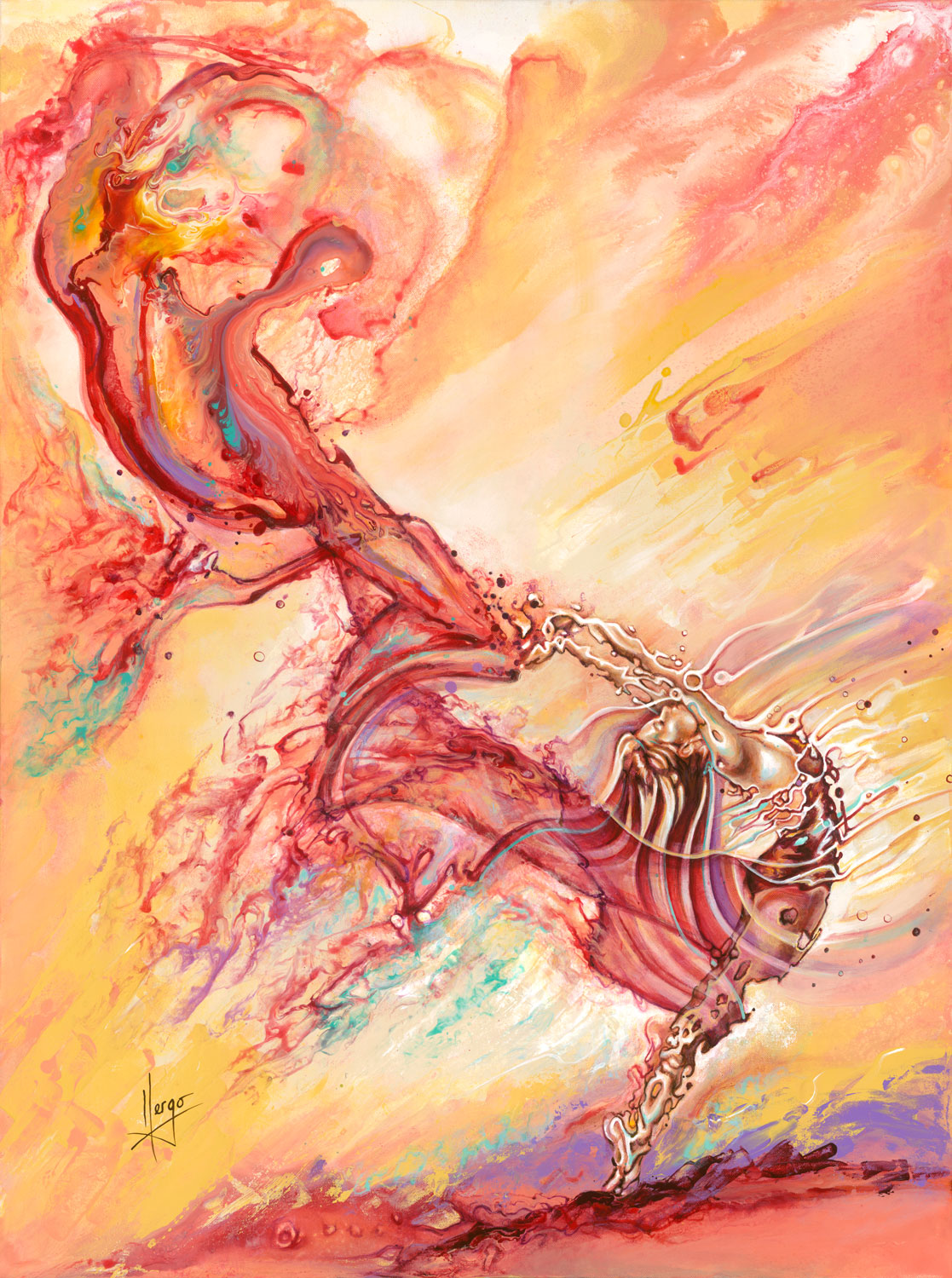 "live forward" woman dancer with red veil colorful painting 