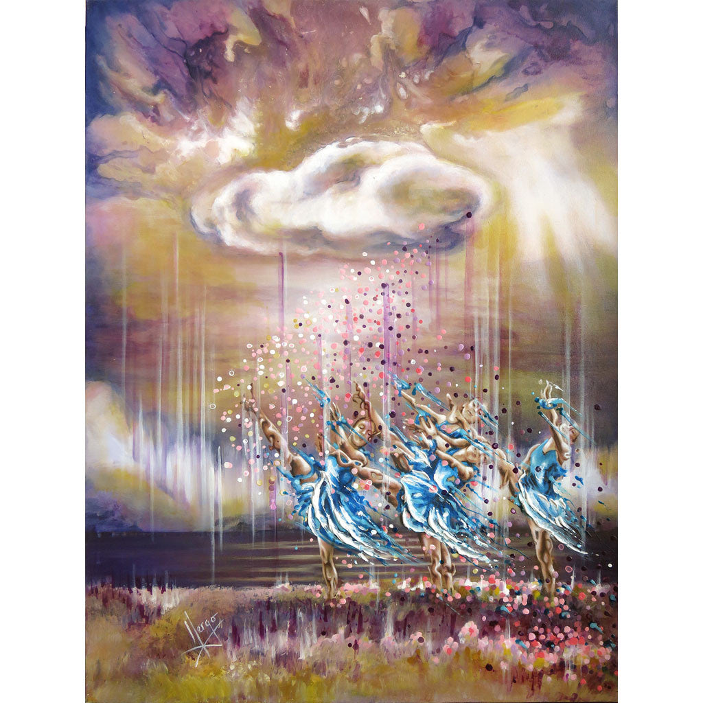 Contemporary Figurative Painting of Ballerinas dancing with landscape in a surreal rainy day.