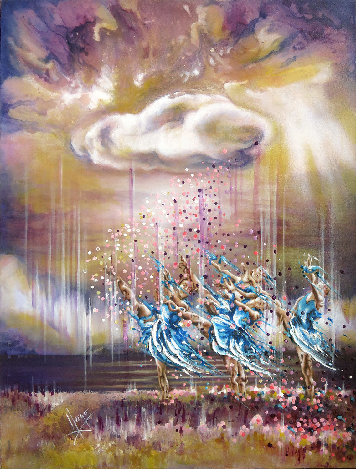 "Melody" figure painting of ballerina dancers in the rain with a landscape in purple