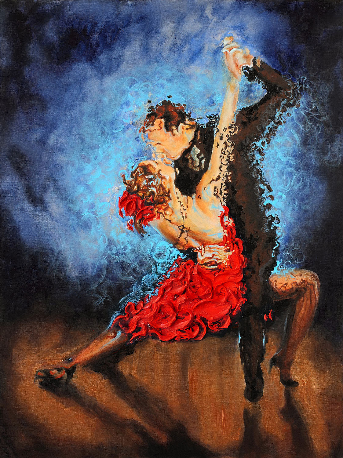"Melting" Flamenco couple dancers with red dress painting embellished