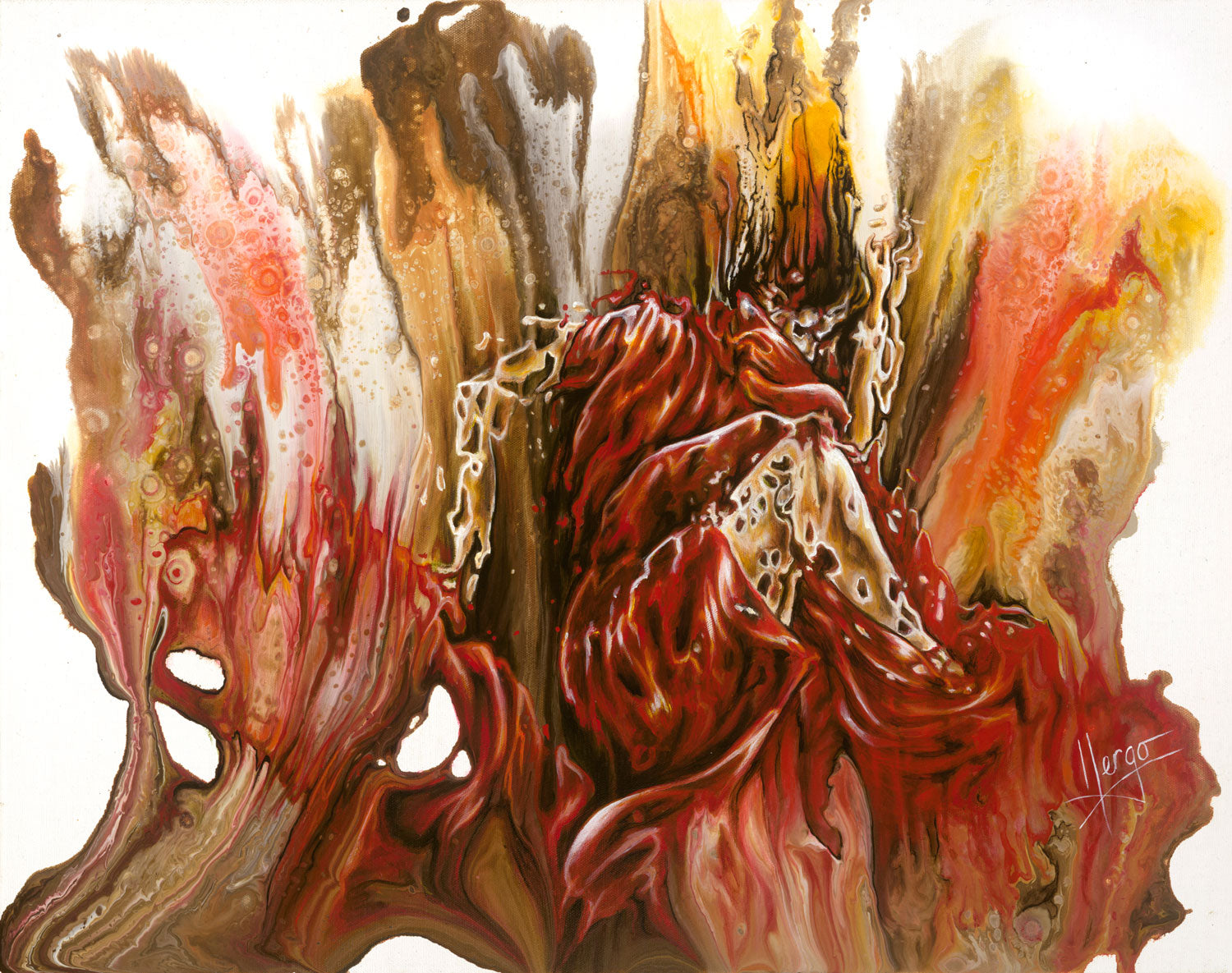 "Mystery" abstract figurative painting of a woman underwater with red dress and drippings