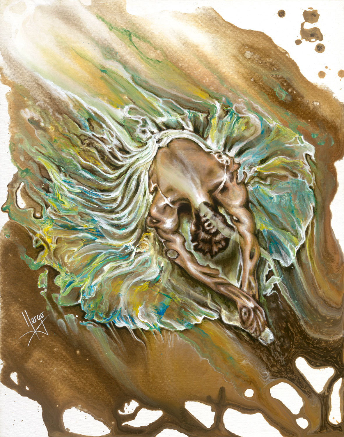 "Overcome" figurative painting of a ballerina with green and blue dress embellished