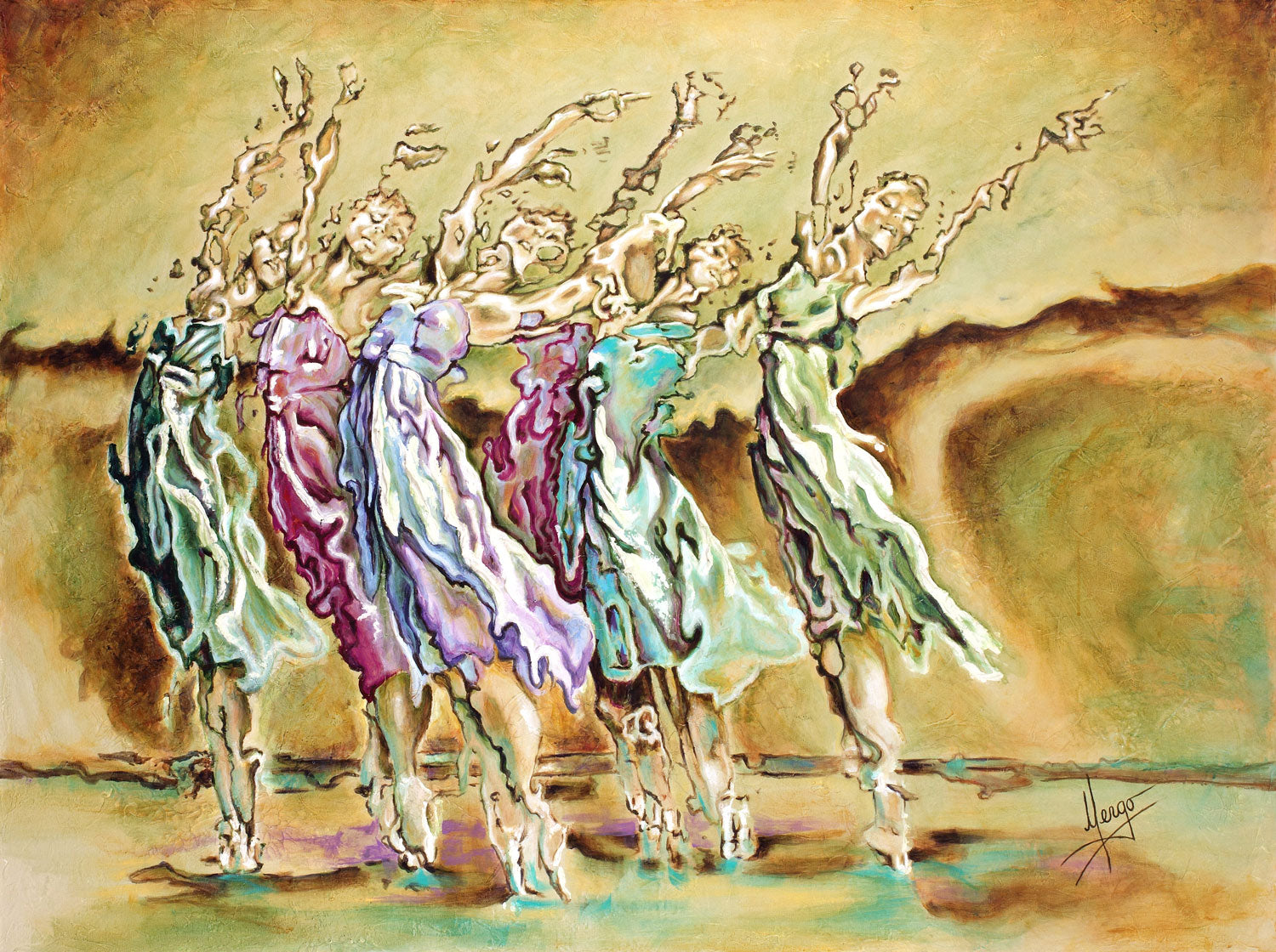 "reach beyond limits" figurative painting of colorful ballerina dancers painting