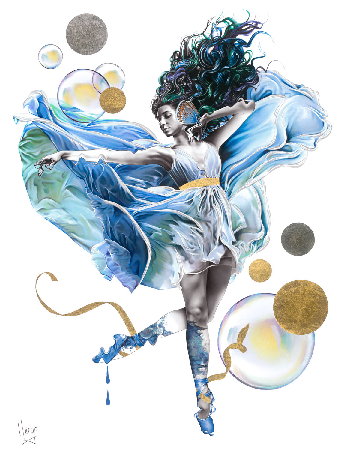 Painting of a ballerina dancer in blue dress with bubbles and butterfly