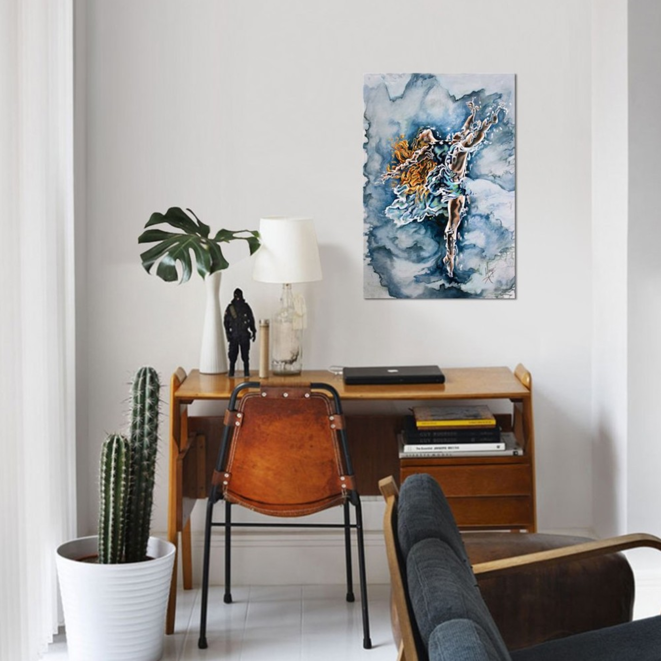 "Believe" figurative painting of a woman dancer in blue