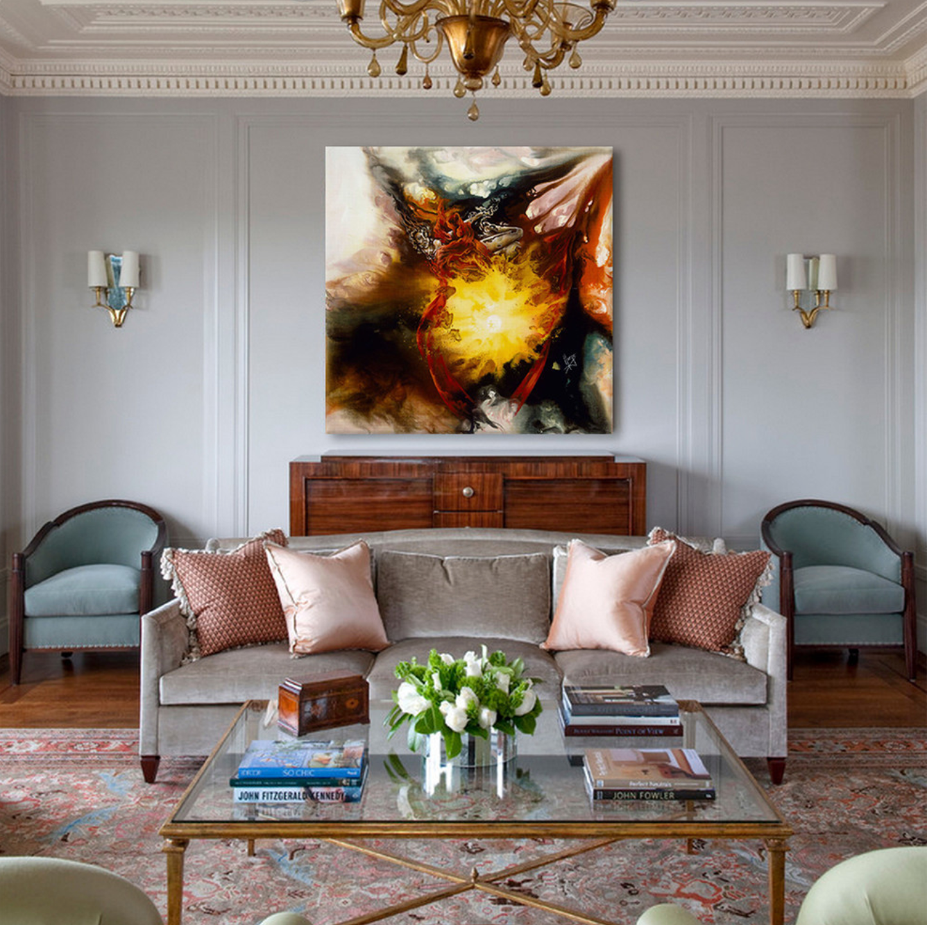 "Source of Strength" abstract painting of a woman flying around the center of the source of life 