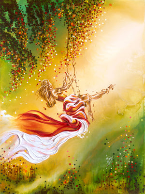 "Search for the Sun" colorful figure painting of a woman on a tree swing with red dress outside