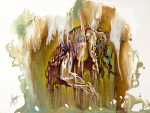 "Surrender" abstract figurative painting of a woman suspended in the air with drippings