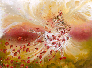 "Take my breath away" colorful figure painting of a girl dancer with flower petals