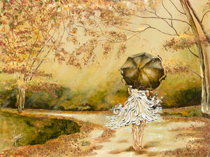 "The Road" painting of a woman walking on a leafy road with an umbrella in the fall