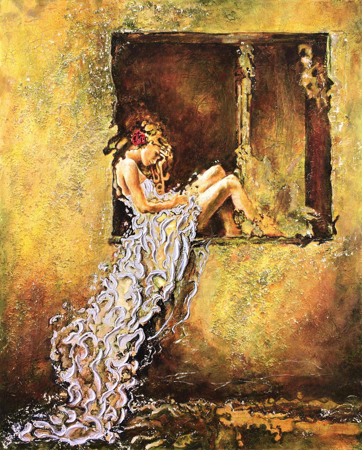 "The Window" figure painting of a woman with a white dress sitting by a window