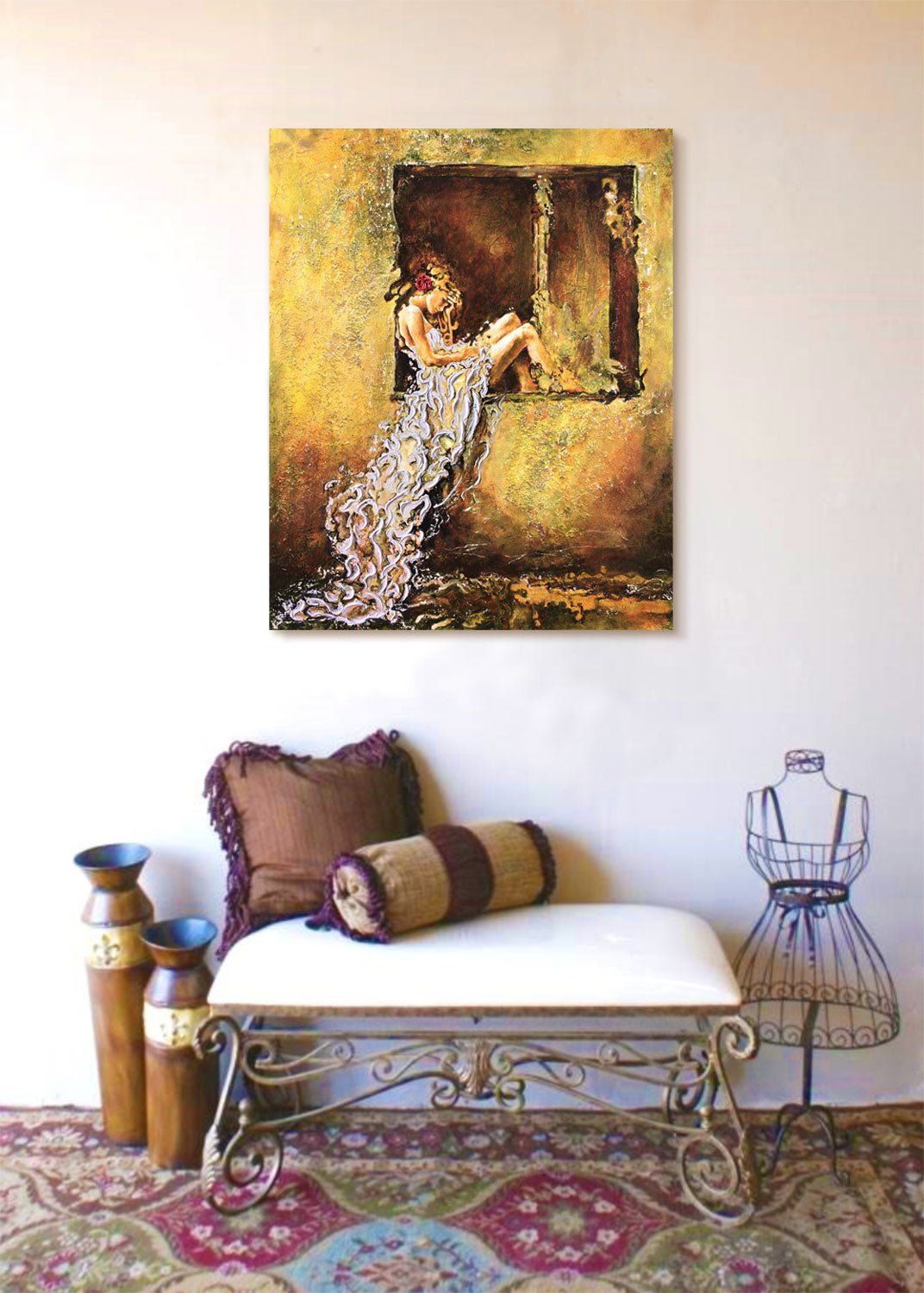 "The Window" figure painting of a woman with a white dress sitting by a window