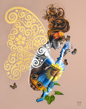 Woman painting representing the earth element of life with wings, butterflies and sunflower