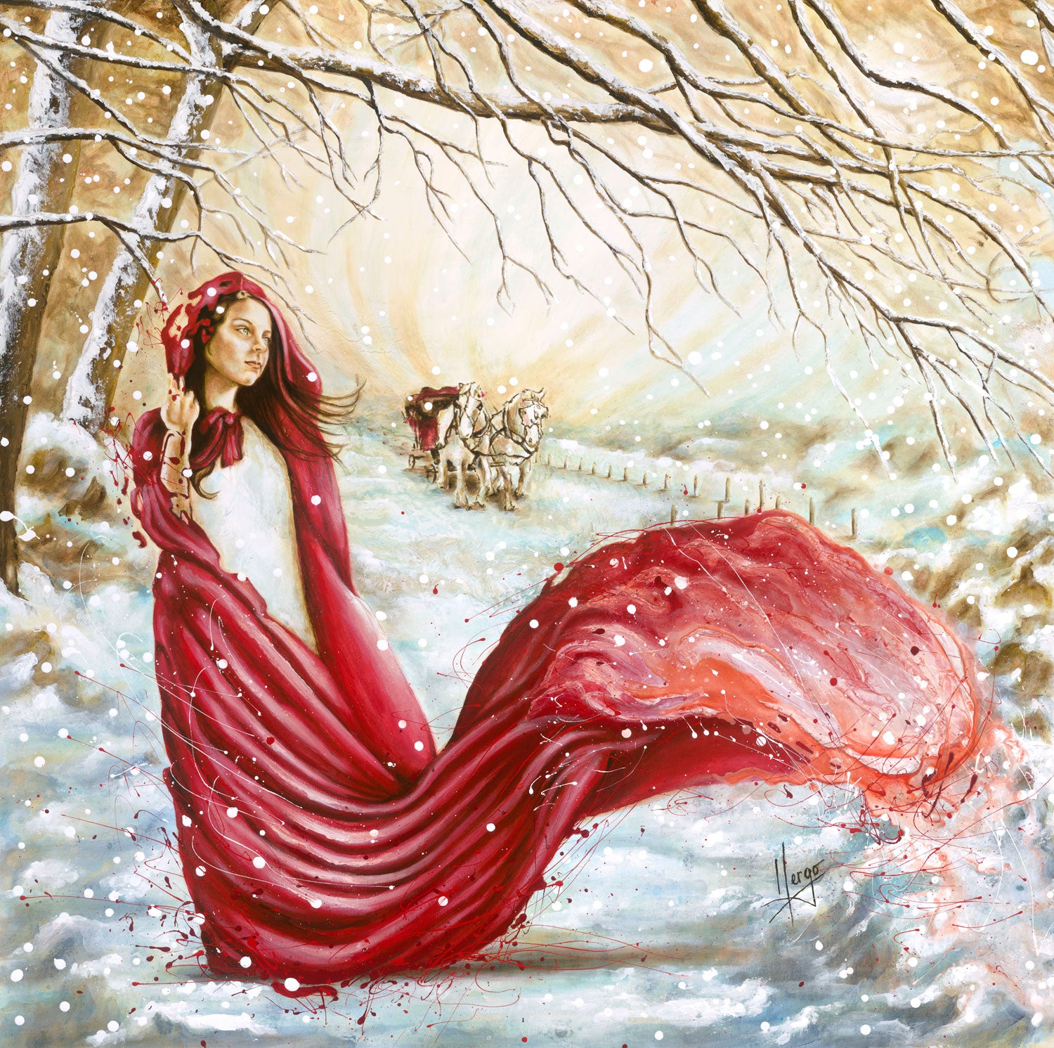"Winter scent" figure painting of a woman with red hood and cape on a winter landscape, snow, and horse