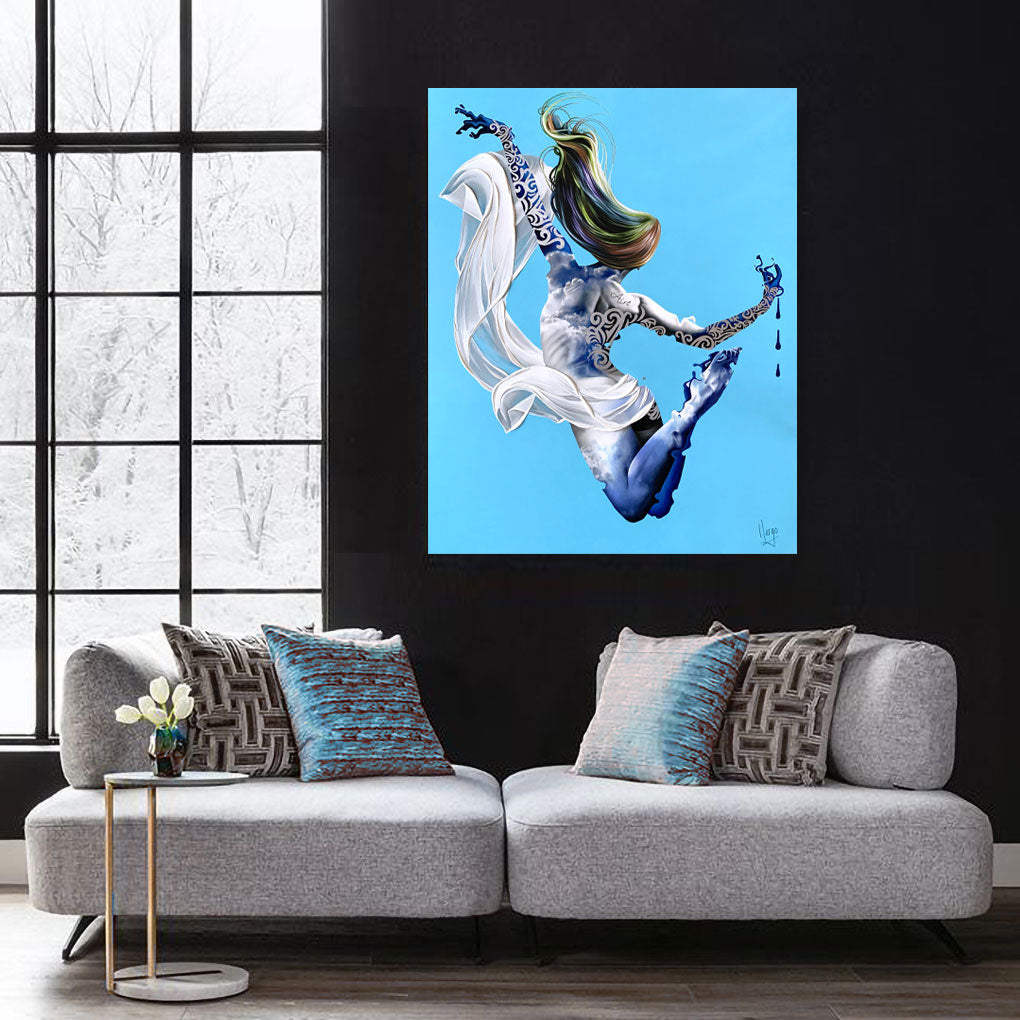 Aire - Air woman original oil painting and silver leaf floating with clouds and white veil in blue