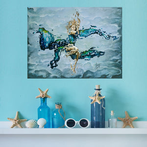 "Dream" room view of woman underwater abstract figurative painting in blue
