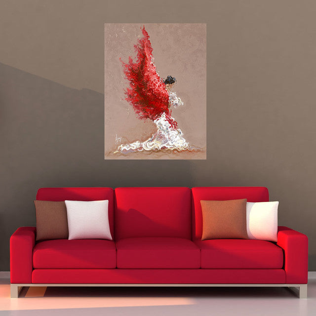 "Fire" Figurative painting of a flamenco dancer with white dress and red mantel
