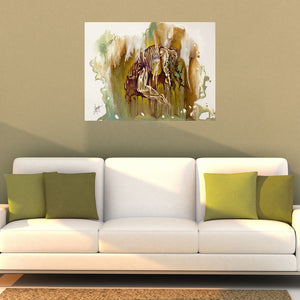 "Surrender" abstract figurative painting of a woman suspended in the air with drippings room view