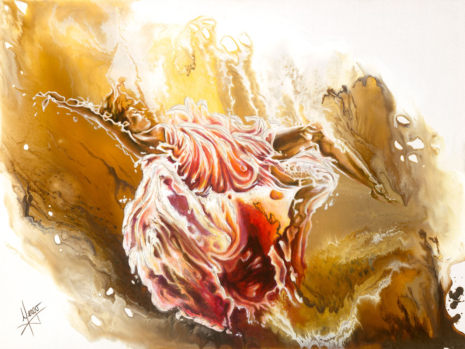 "Dare" figurative embellished painting of a woman underwater with red and orange dress