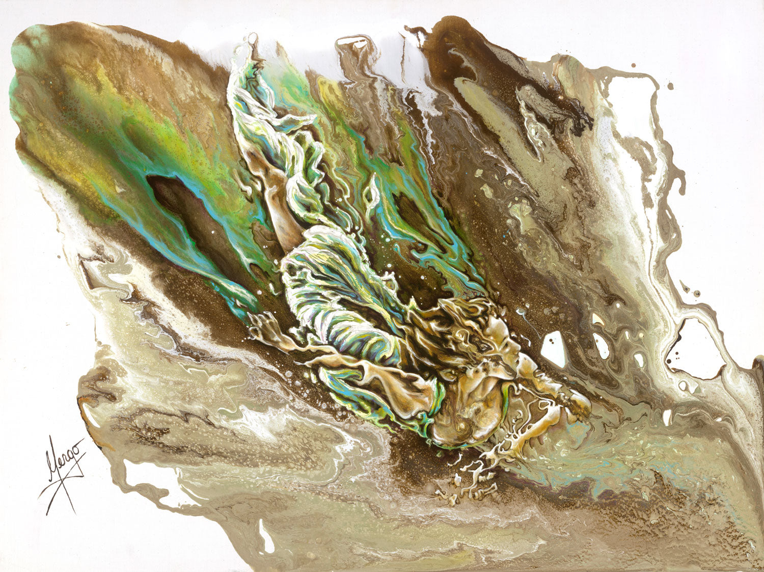 "Explore" abstract figurative painting of a woman underwater 