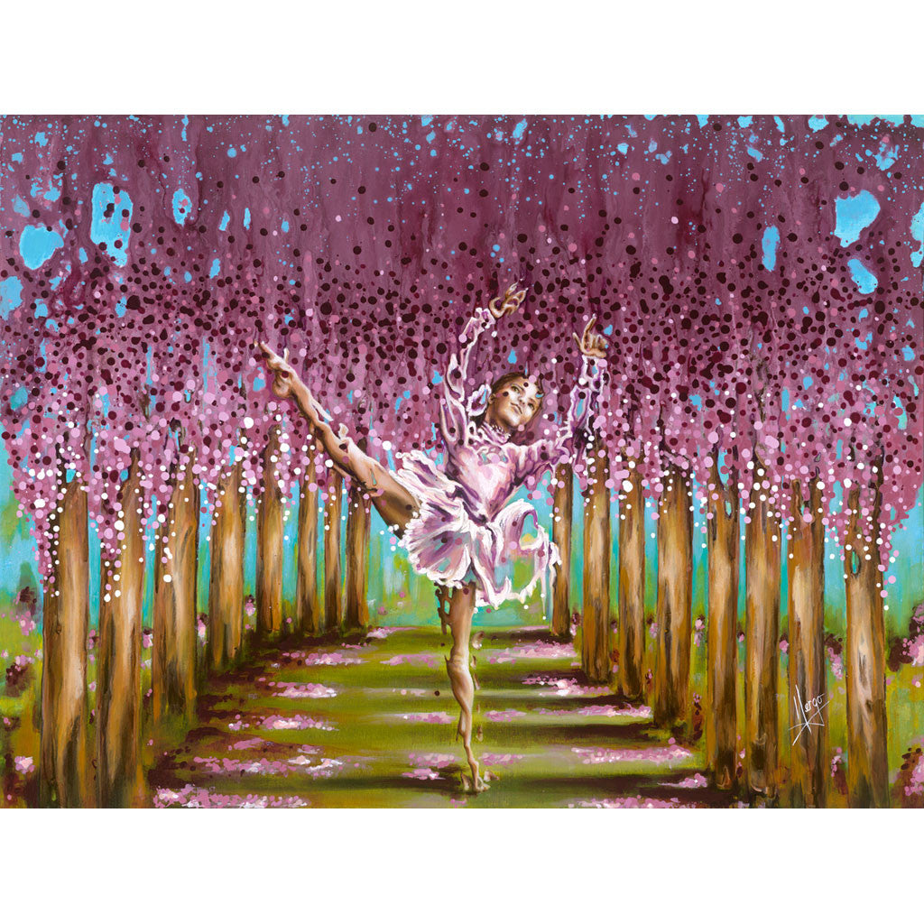 Figurative painting of a girl ballerina dancing in the woods with the blossom of the spring season, violet, green and pink colors