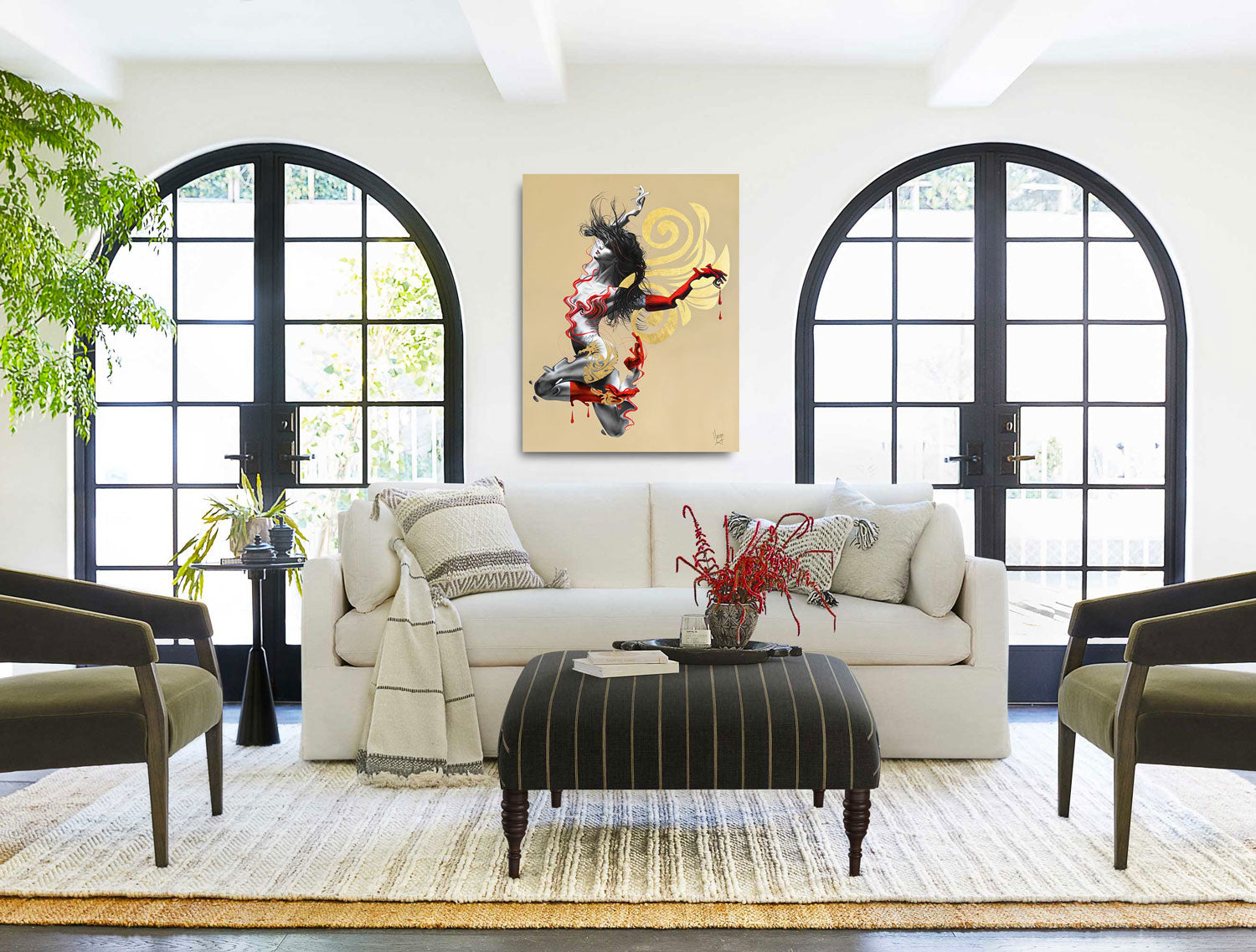 Fuego - fire woman figure painting with dragon and wings in red and gold