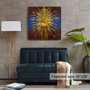 "hands of compassion" abstract painting of a thousand hand dancer in blue and yellow room view