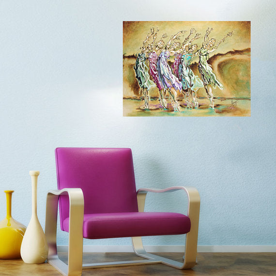 "reach beyond limits" figurative painting of colorful ballerina dancers painting