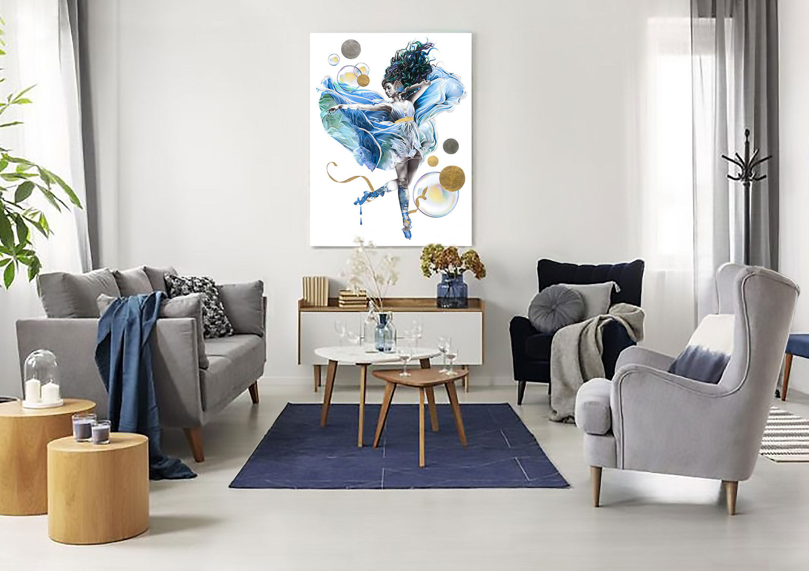 Painting of a ballerina dancer in blue dress with bubbles and butterfly