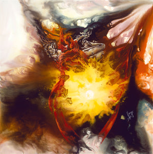 "Source of Strength" abstract painting of a woman flying around the center of the source of life 