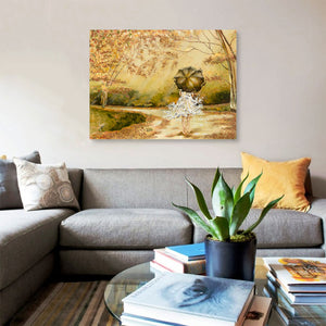 "The Road" painting of a woman walking on a leafy road with an umbrella in the fall room view