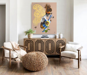 Earth woman painting with butterflies and flower in a room 