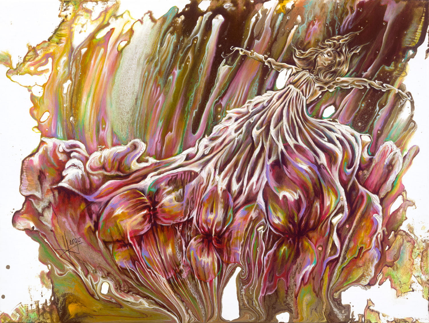 "Where the soul takes me" abstract figurative painting of a woman suspended in the air with floral dress with drippings